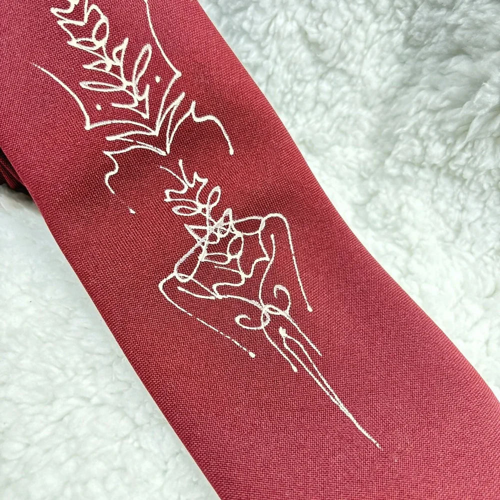 Vtg Mirrored Signature Necktie Burgundy Hand‎ Painted Script Poly 40s 50s 57x3